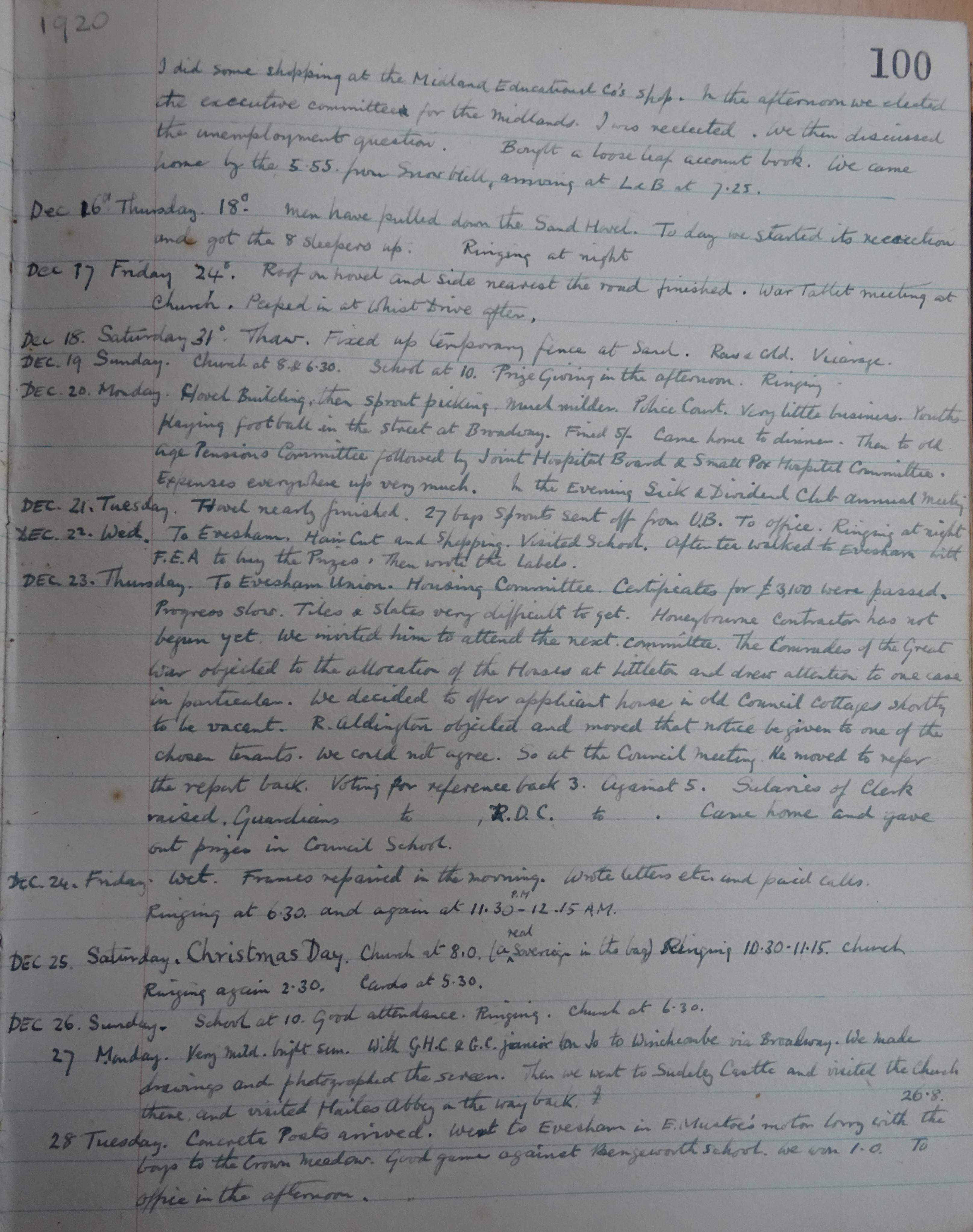 Charles Binyon's diary December 1920 The Badsey Society